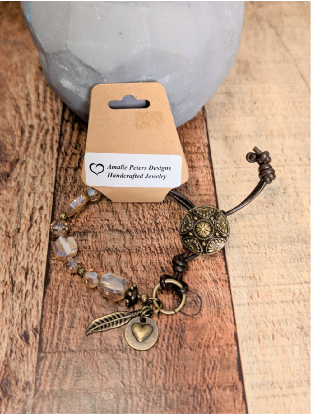 NEW Artisan Boho Crystal Champagne Beaded Brown Knotted Leather Cord Bracelet